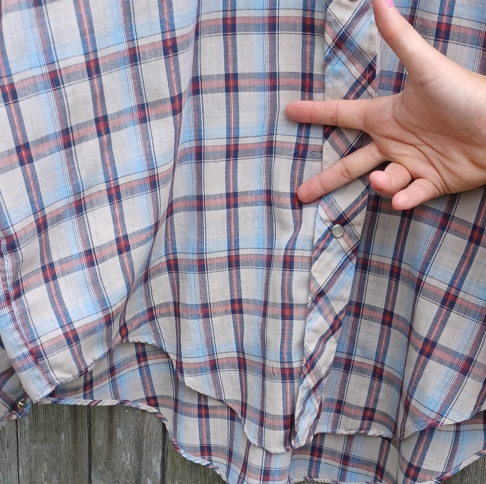 Vintage 70s New Castle Apparel beige blue pearl snap front western shirt mens L - Picture 3 of 8